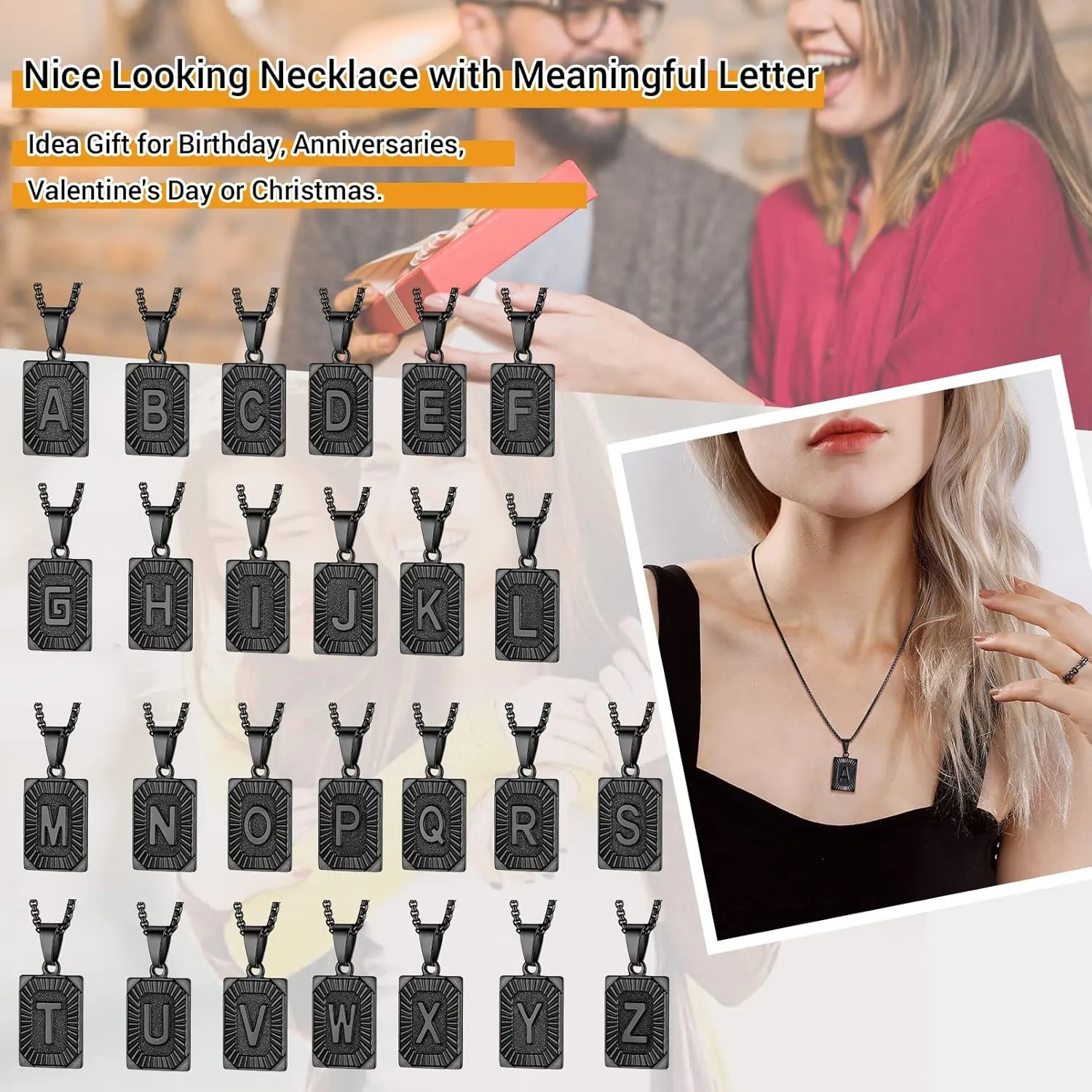 PROSTEEL Stylish Initial Necklace, Capital Letter Necklace A to Z, Silver/Gold/Black Tone, Customize Text Available, Box Chain 20-22 inch Adjustable