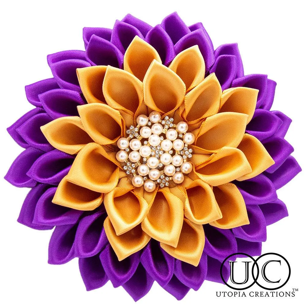 Purple & Gold Ribbon Flower Corsage Brooch