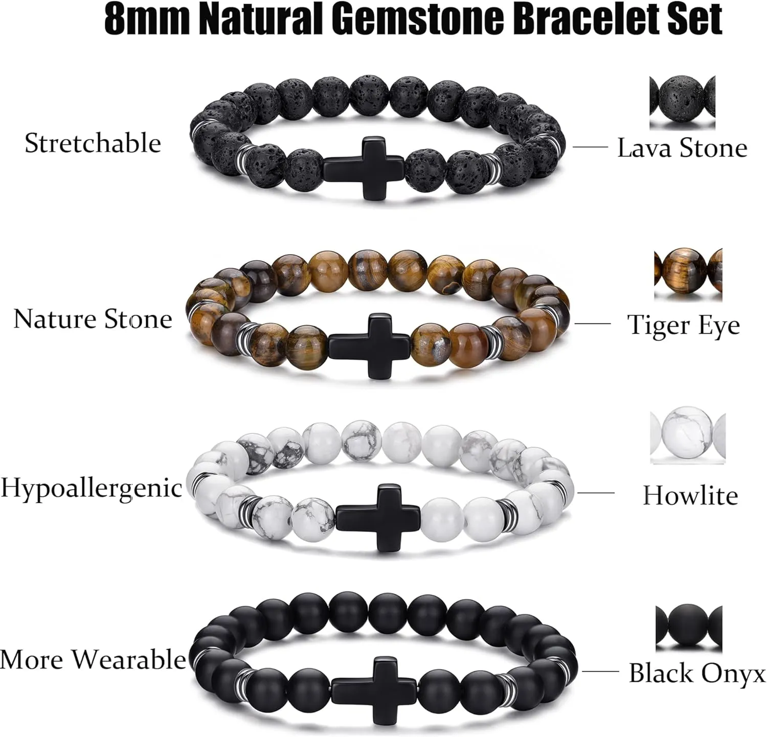 RANKEEF Tiger Eye Bracelet For Men 8MM Natural Stone Stretch Adjustable Black Crystal Beaded Bracelet for Men Women Gifts