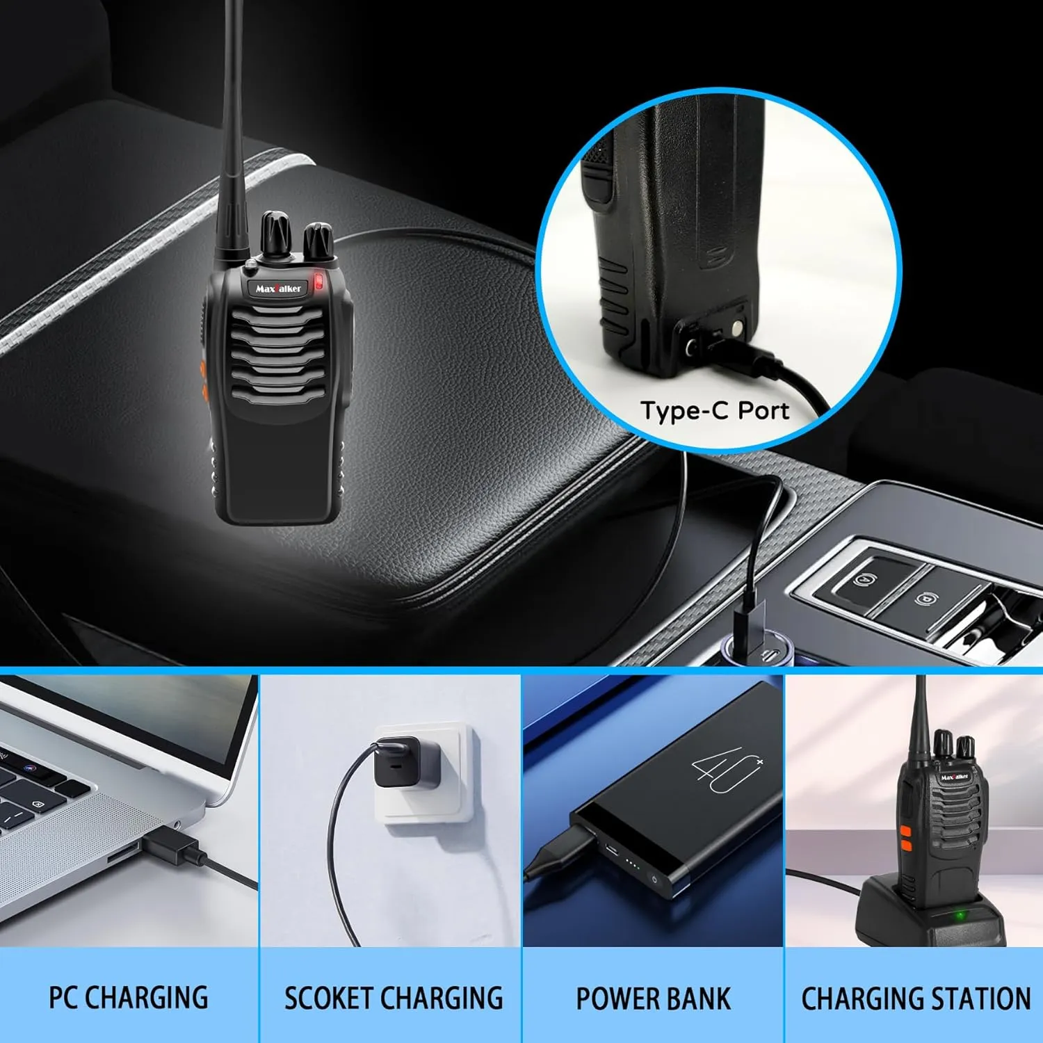 Rechargeable Walkie Talkies Long Range: MaxTalker MT-8S Walkie Talkies with Earpiece, Two Way Radio with 1500mAh Battery with Type-C Charging Walkie Talkie for Adults Business Family, 4 Pack