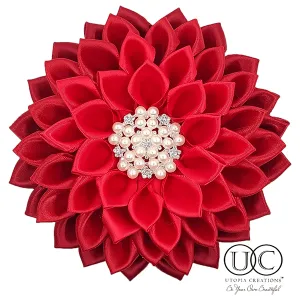 Red Ruby Satin Ribbon Flower Corsage Brooch "Michelle"
