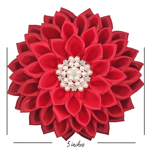 Red Ruby Satin Ribbon Flower Corsage Brooch "Michelle"