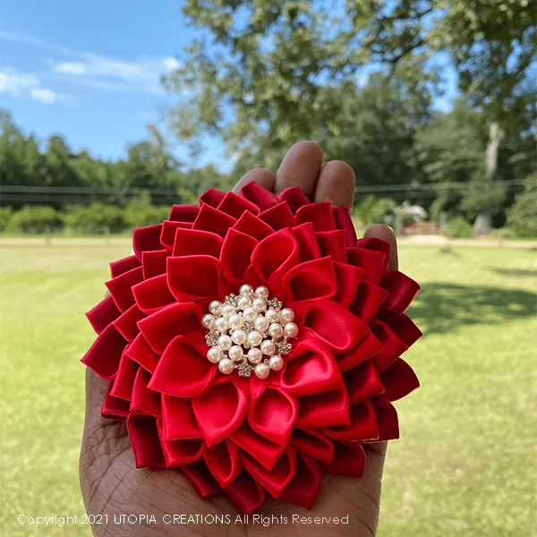 Red Ruby Satin Ribbon Flower Corsage Brooch "Michelle"