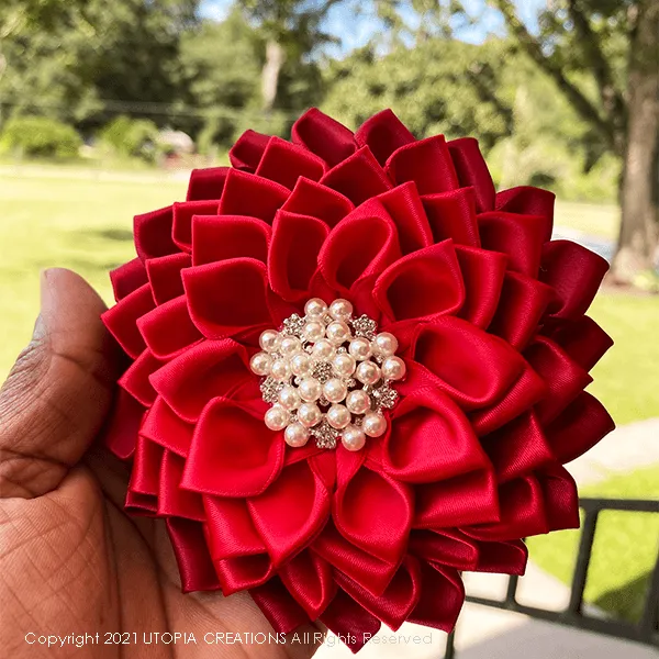 Red Ruby Satin Ribbon Flower Corsage Brooch "Michelle"