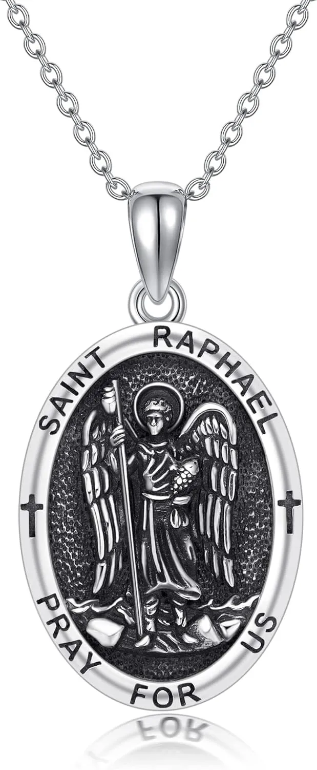 Religion Jewelry 925 Sterling Silver Saint Raphael/Saint Joseph/Virgin Mary/Saint Christopher/Saint Jude/Santa Muerte/Saint Brendan Medal Pendant Protection Gifts for Men Women