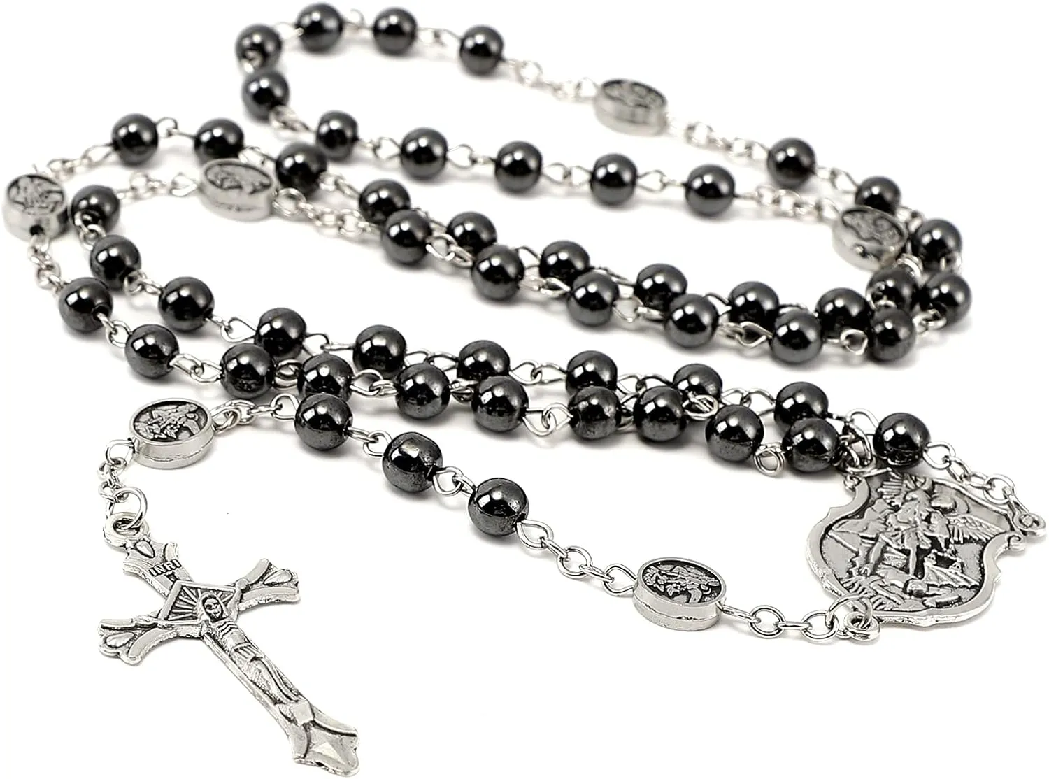 Saint Michael Necklace for Men Women,St Michael The Archangel Pendant for Religious Gifts,Catholic Black Rosary Beads First Confirmation Gifts for Teenage Boys,Rosarios Catolicos Para Hombre Mujer