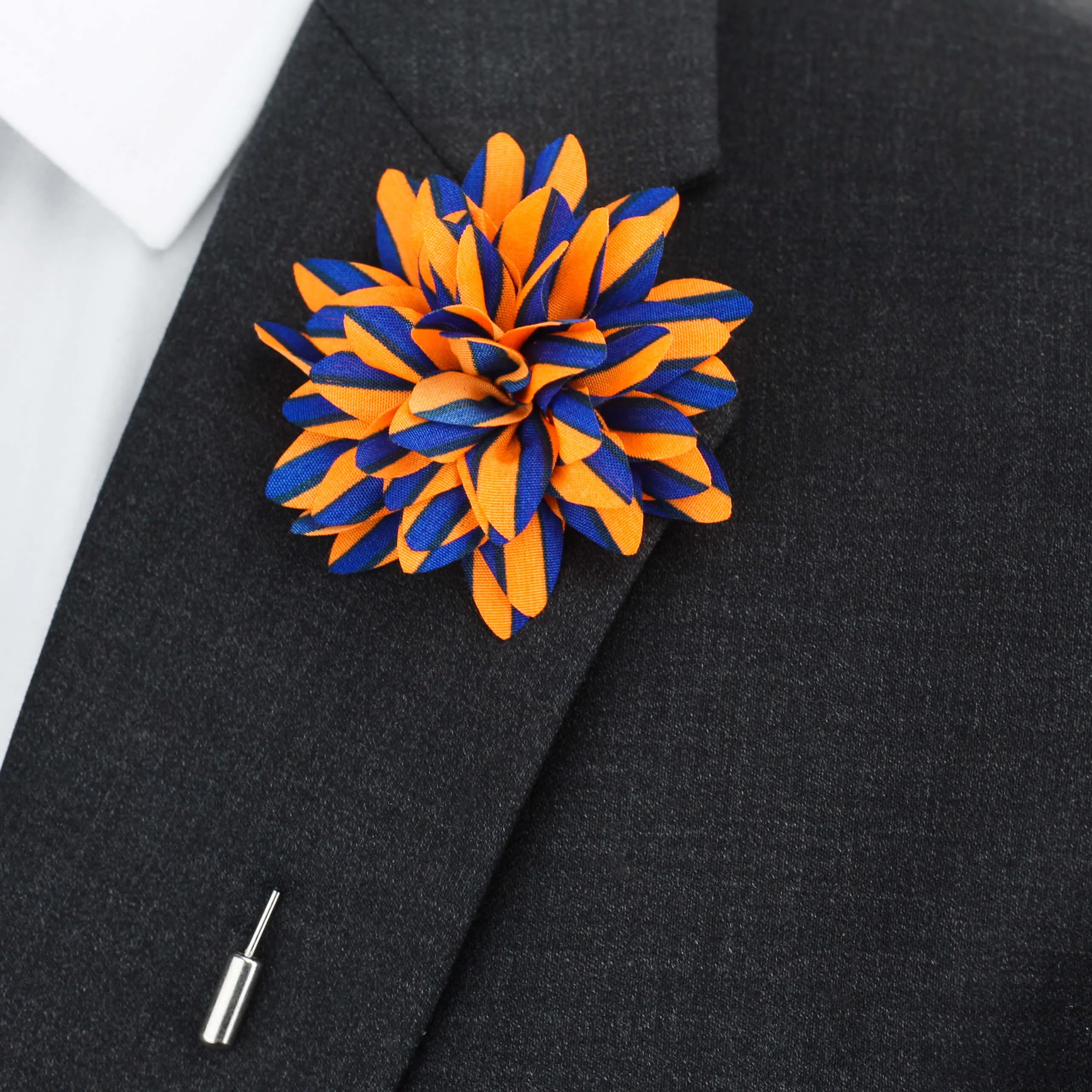 Silk Flower Lapel Pin, Blue and Orange Stripes
