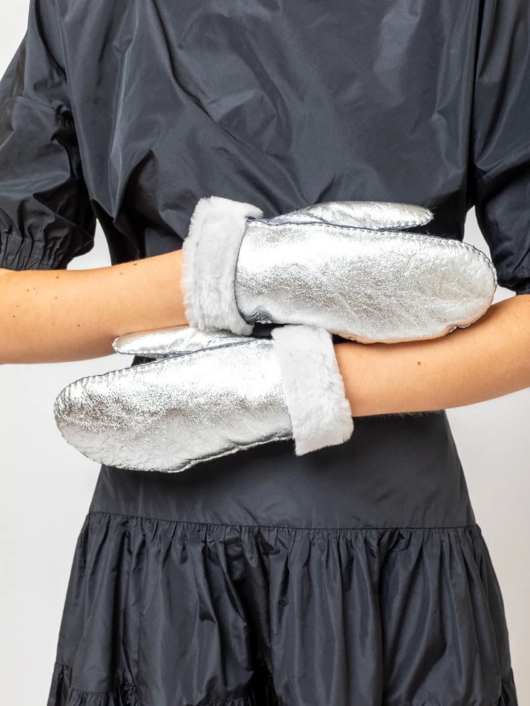 Silver Foil Mittens with Shearling