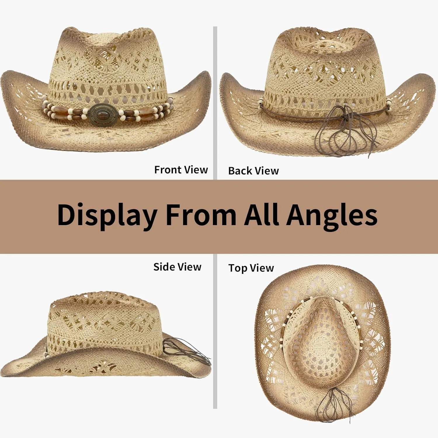 Straw Cowboy Hats for Women & Men, Boho Wide Brim Cowgirl Hat with Decorative Bands Hats for Western Outfit