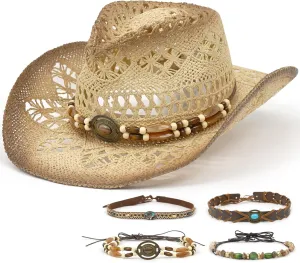 Straw Cowboy Hats for Women & Men, Boho Wide Brim Cowgirl Hat with Decorative Bands Hats for Western Outfit