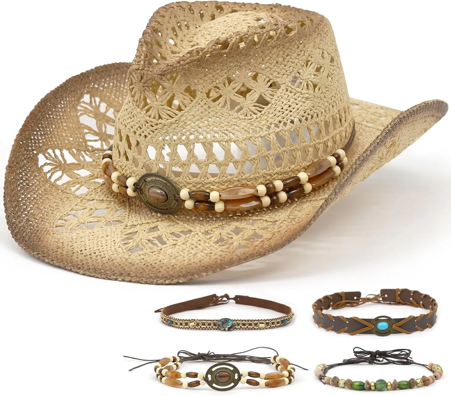 Straw Cowboy Hats for Women & Men, Boho Wide Brim Cowgirl Hat with Decorative Bands Hats for Western Outfit