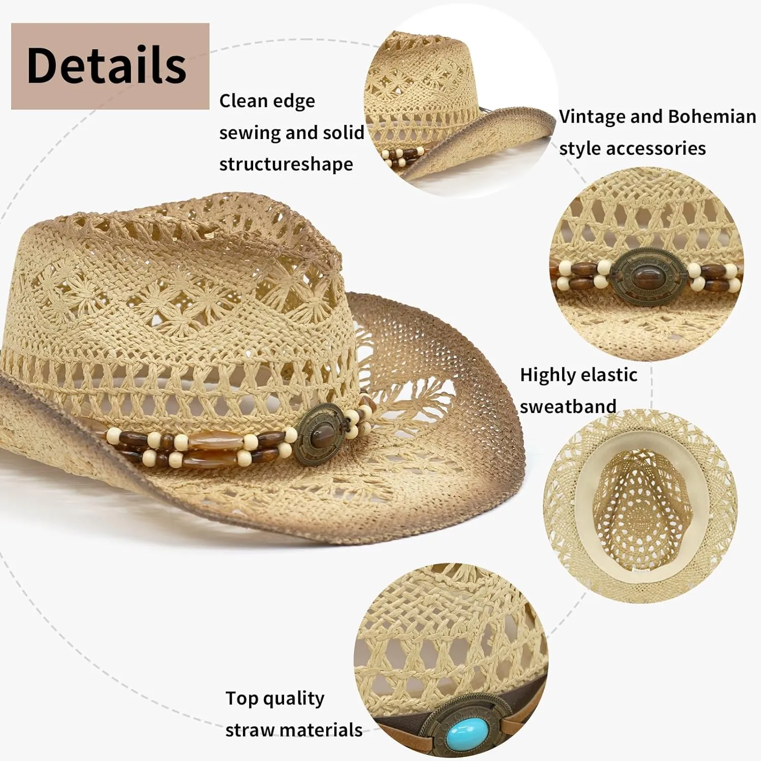 Straw Cowboy Hats for Women & Men, Boho Wide Brim Cowgirl Hat with Decorative Bands Hats for Western Outfit