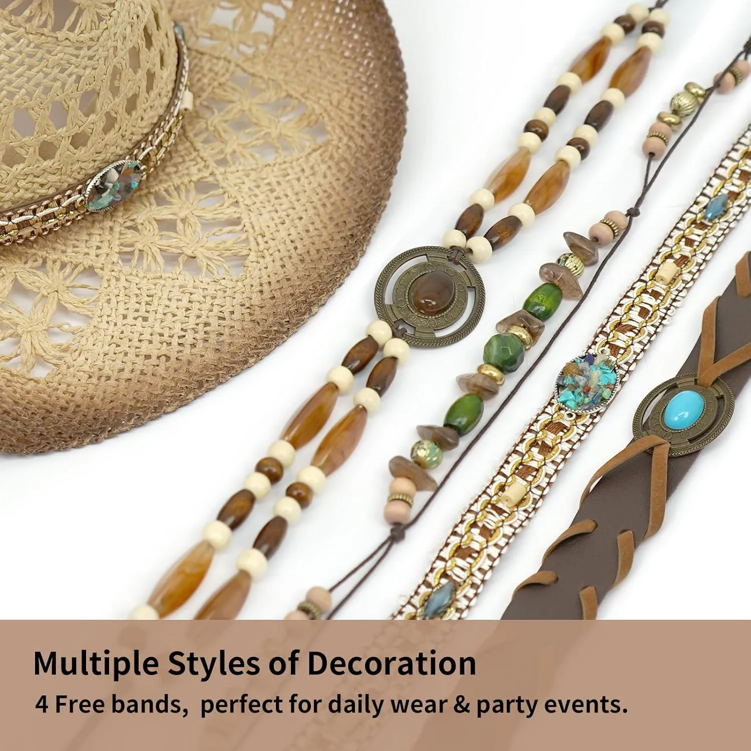 Straw Cowboy Hats for Women & Men, Boho Wide Brim Cowgirl Hat with Decorative Bands Hats for Western Outfit