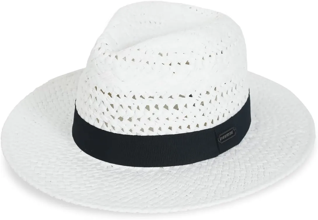 Vented Panama Fedora Sun Hat for Men Women, Black Ribbon and Patterned Weave Accent
