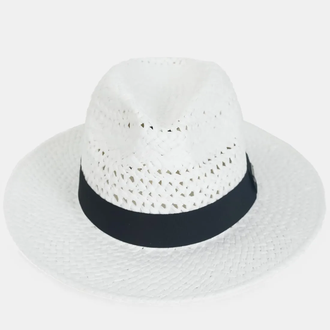 Vented Panama Fedora Sun Hat for Men Women, Black Ribbon and Patterned Weave Accent