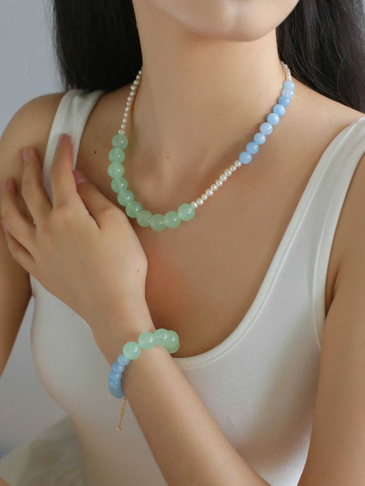 Vibrant Multicolored Gemstone and Pearl Beaded Necklace-Blue Green Necklace