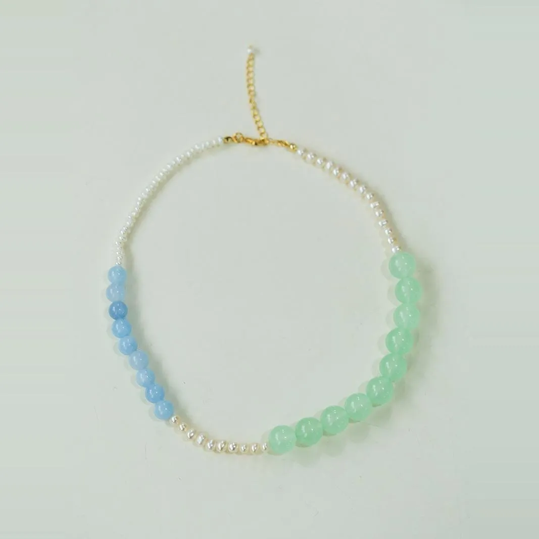 Vibrant Multicolored Gemstone and Pearl Beaded Necklace-Blue Green Necklace