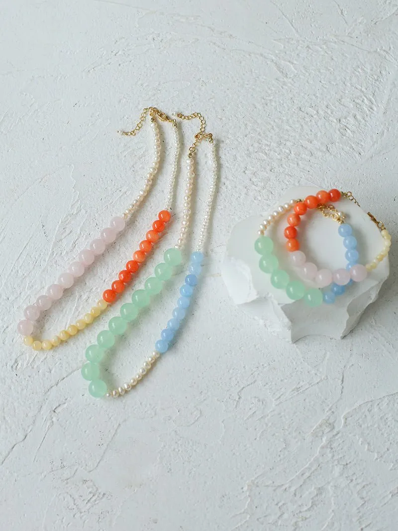 Vibrant Multicolored Gemstone and Pearl Beaded Necklace-Blue Green Necklace