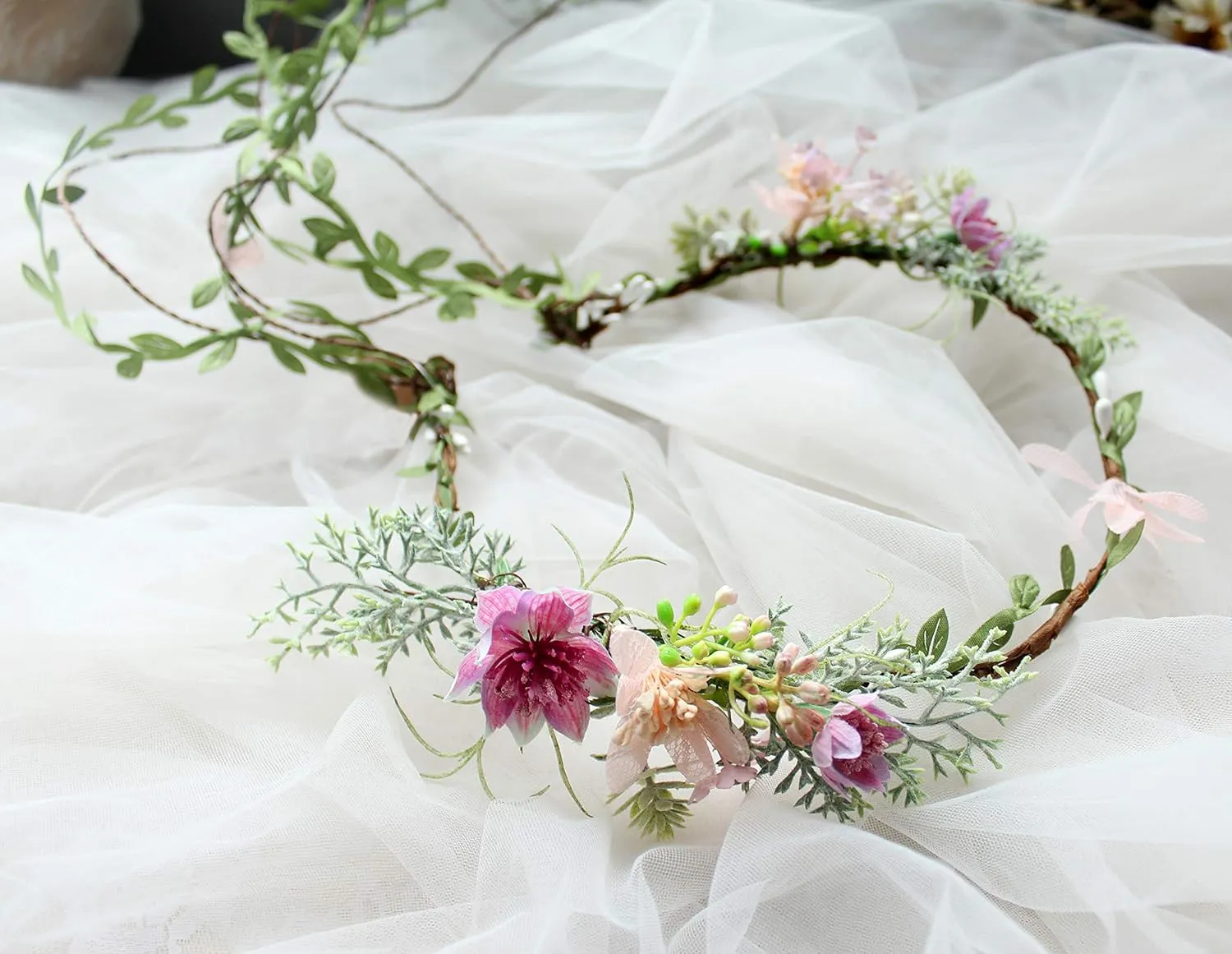 Vivivalue Vine Flower Crown Boho Flower Headband Hair Wreath Floral Headpiece Halo with Ribbon Wedding Party Photos Festival
