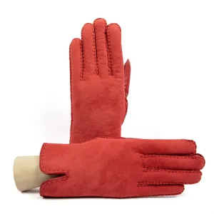 Women's red curly lambskin gloves with with nappa leather piping detail