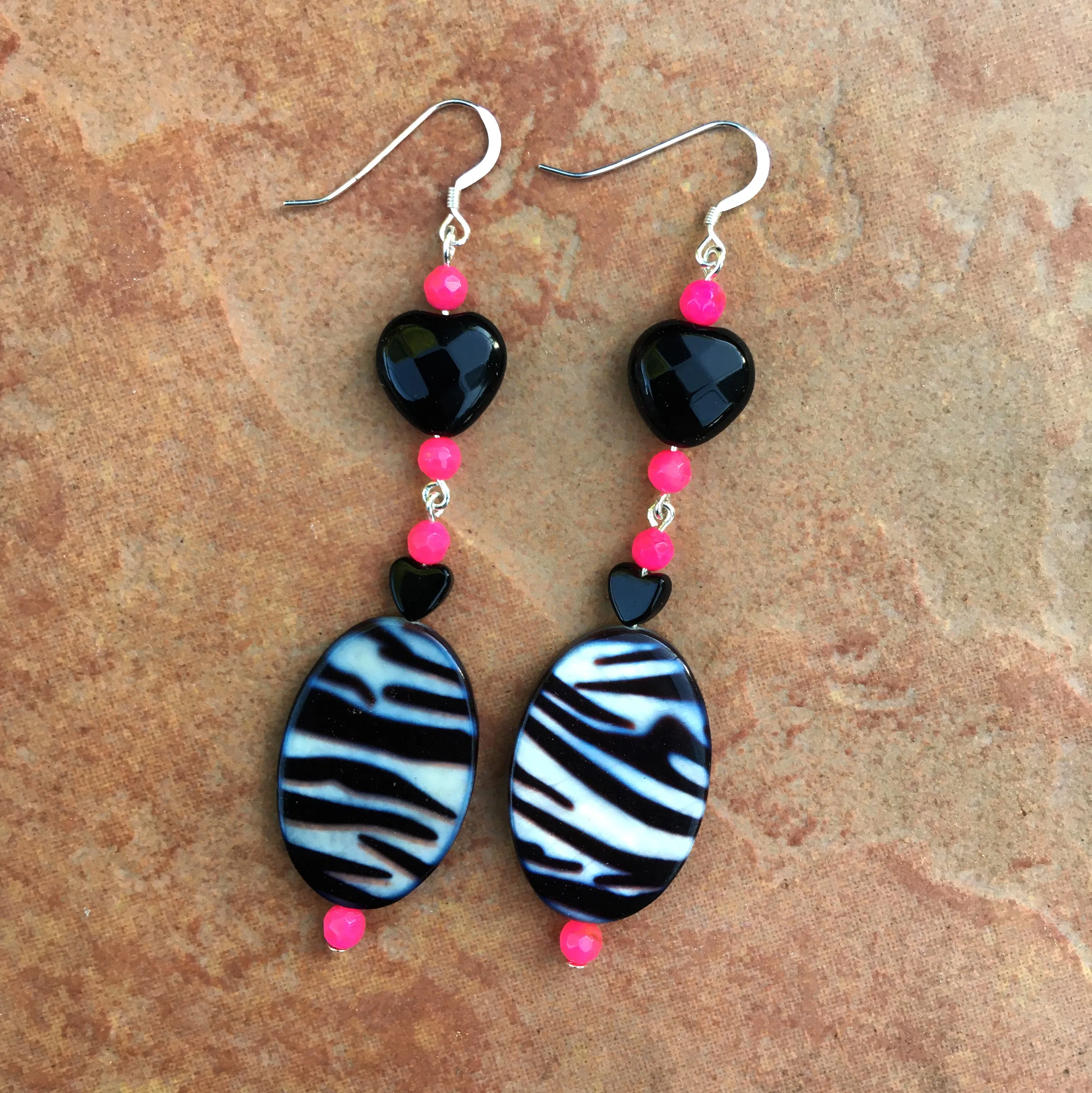 Women's Zebra print mother of pearl, pink Agate Gemstone and Onyx Heart Earrings