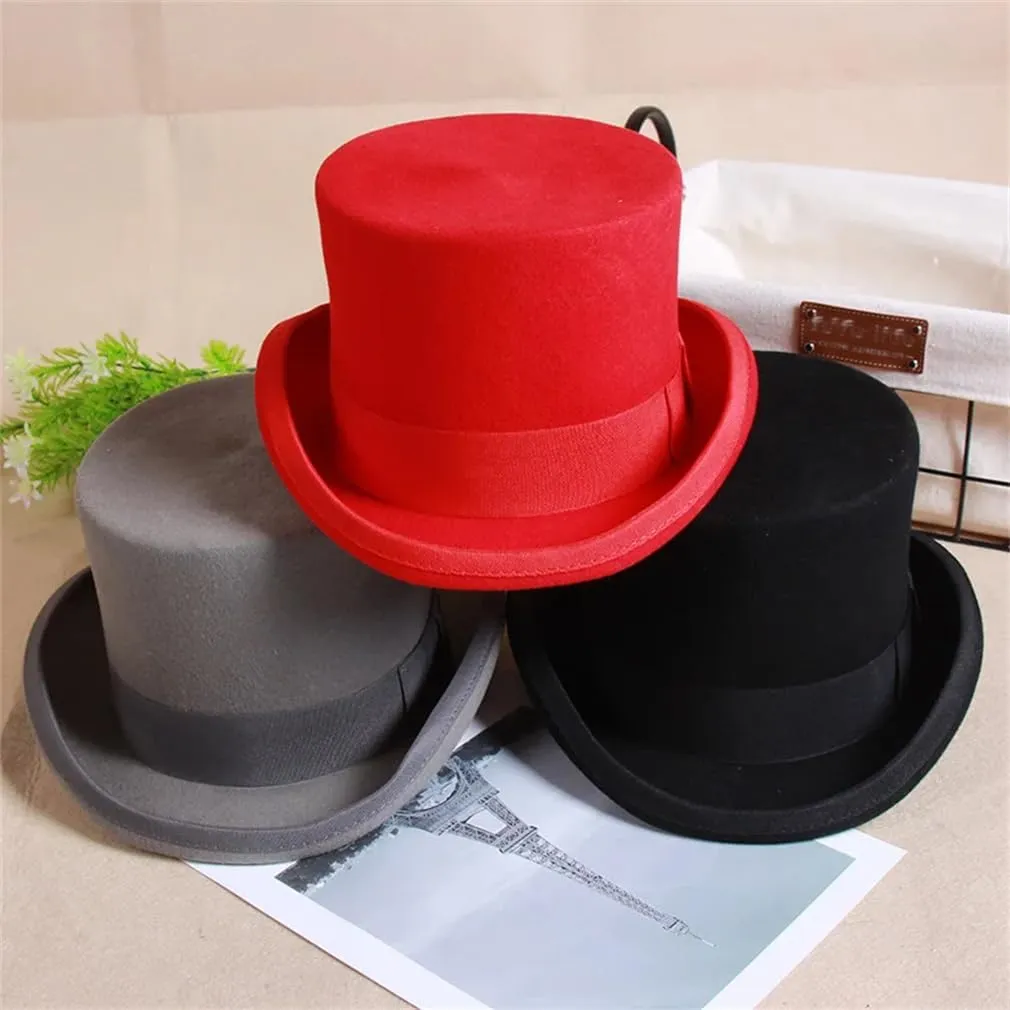 Wool Flat Man Top Hat Fashion Fedora Hats Panama Magician Hats Steampunk Unisex Elegant Party Hat,Black-One Size