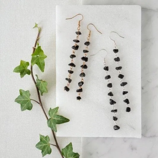 Xander Kostroma 925 Sterling Silver Black Obsidian Crystal Chip Dropper Earrings, 9 cm Long, Healing Jewelry for Women, Grounding & Protection Benefits